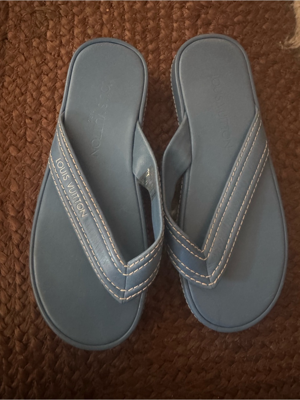 Louis Vuitton Blue Leather Thong Sandals with White Stitching